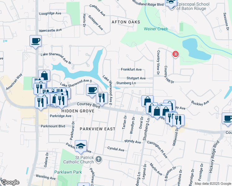 map of restaurants, bars, coffee shops, grocery stores, and more near 4505 Lake Sherwood Avenue South in Baton Rouge