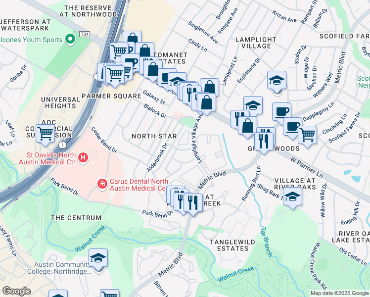 map of restaurants, bars, coffee shops, grocery stores, and more near 2009 Pipers Field Drive in Austin