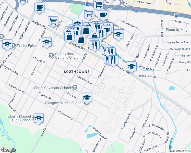 map of restaurants, bars, coffee shops, grocery stores, and more near 4775 Orchid Street in Baton Rouge