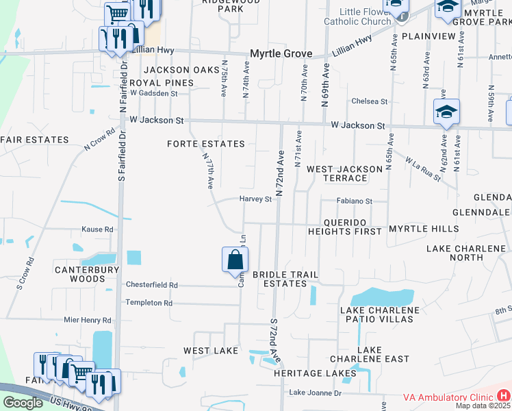 map of restaurants, bars, coffee shops, grocery stores, and more near 7209 Harvey Street in Pensacola