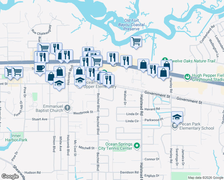 map of restaurants, bars, coffee shops, grocery stores, and more near 2420 Government Street in Ocean Springs