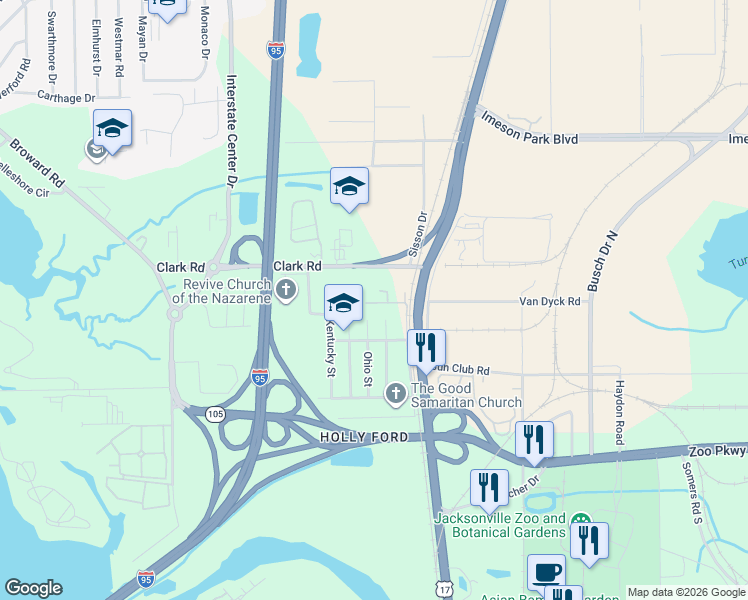 map of restaurants, bars, coffee shops, grocery stores, and more near 9538 Illinois Street in Jacksonville