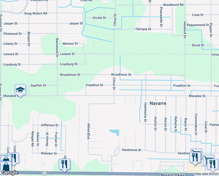 map of restaurants, bars, coffee shops, grocery stores, and more near 7272 Manatee Street in Navarre