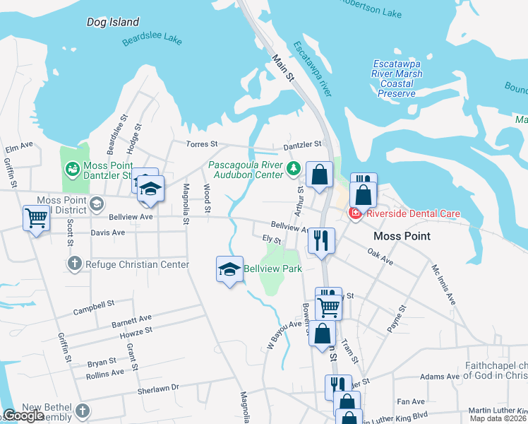 map of restaurants, bars, coffee shops, grocery stores, and more near 3831-4013 Bellview Ave in Moss Point