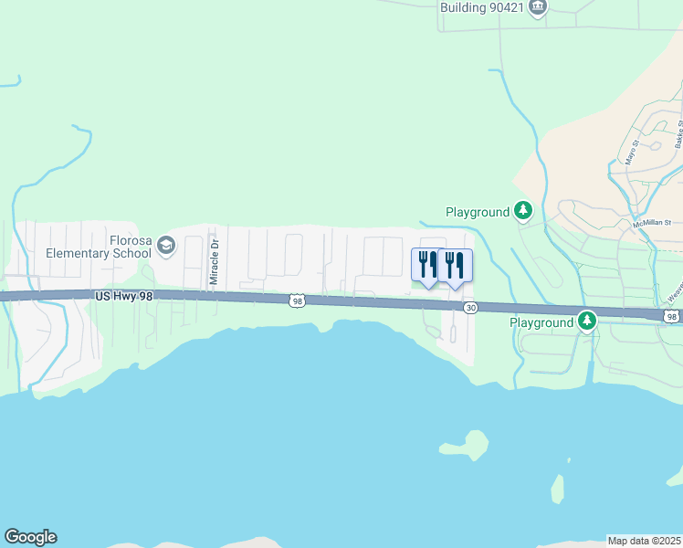 map of restaurants, bars, coffee shops, grocery stores, and more near 67 Josie Road in Mary Esther