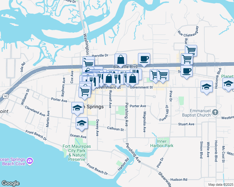 map of restaurants, bars, coffee shops, grocery stores, and more near 1310 Bowen Ave in Ocean Springs
