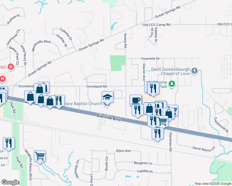 map of restaurants, bars, coffee shops, grocery stores, and more near 3907 Baywood Lane in Ocean Springs