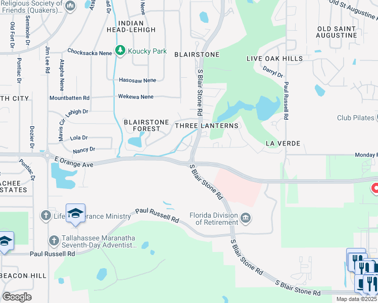map of restaurants, bars, coffee shops, grocery stores, and more near 1743 Beechwood Circle South in Tallahassee