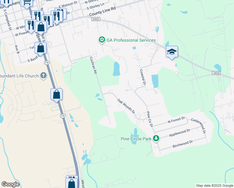 map of restaurants, bars, coffee shops, grocery stores, and more near 11974 Oak Woods Drive in Willis