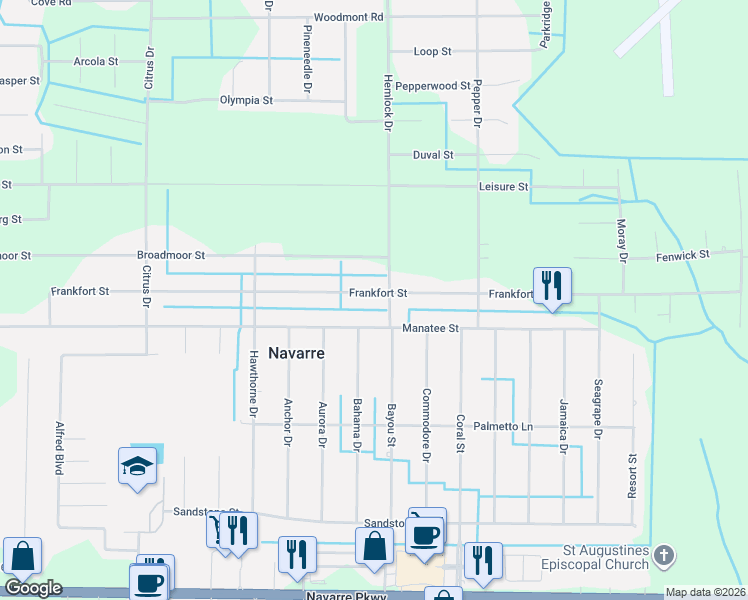 map of restaurants, bars, coffee shops, grocery stores, and more near 7522 Manatee Street in Navarre