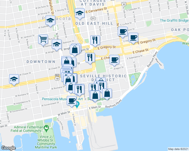 map of restaurants, bars, coffee shops, grocery stores, and more near 90 South Alcaniz Street in Pensacola