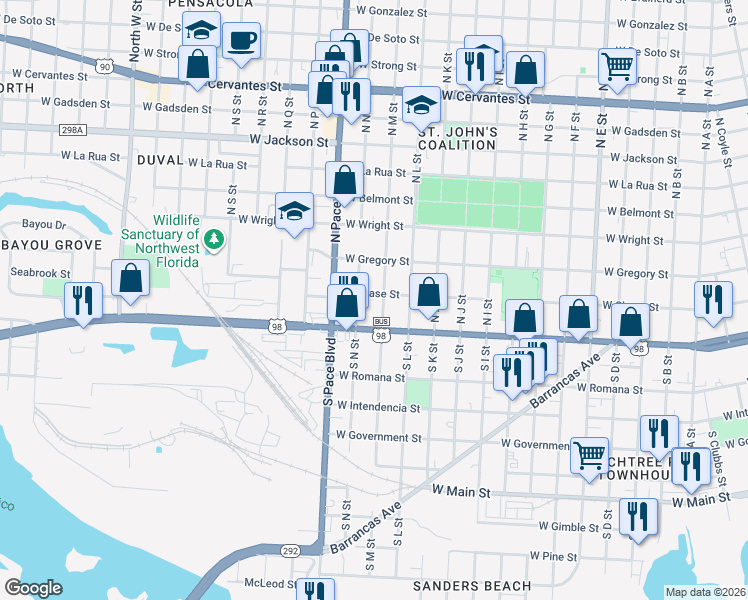 map of restaurants, bars, coffee shops, grocery stores, and more near in Pensacola