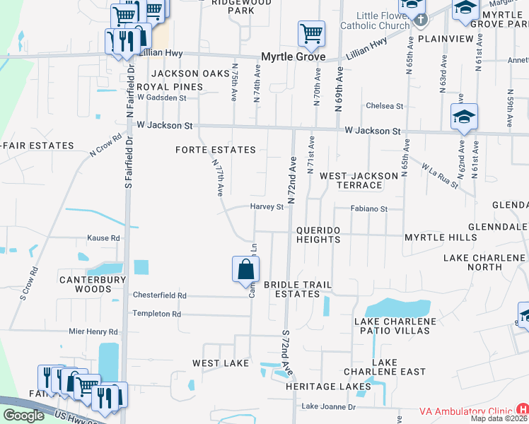 map of restaurants, bars, coffee shops, grocery stores, and more near in Pensacola