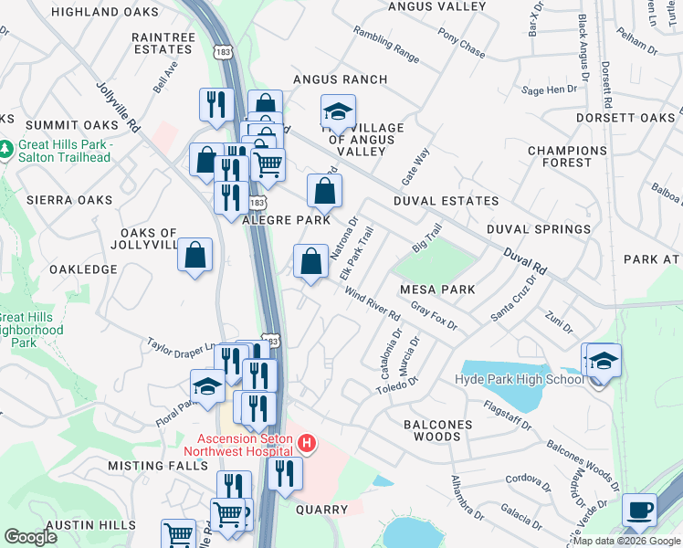 map of restaurants, bars, coffee shops, grocery stores, and more near 11600 Fast Horse Drive in Austin