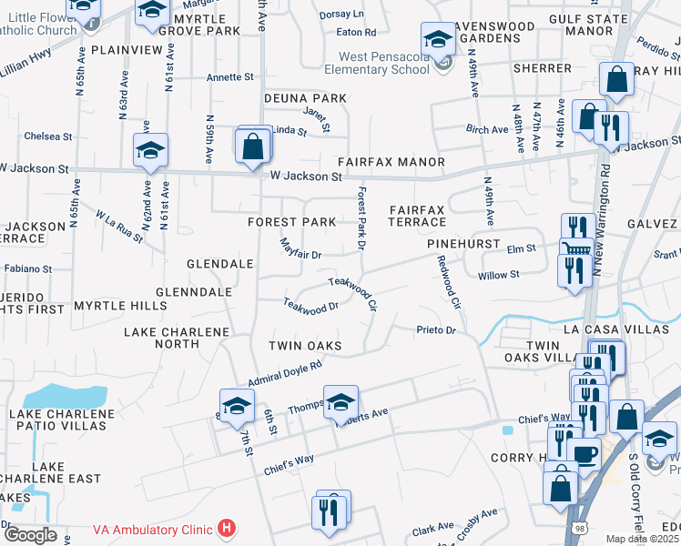 map of restaurants, bars, coffee shops, grocery stores, and more near 4 Teakwood Circle in Pensacola