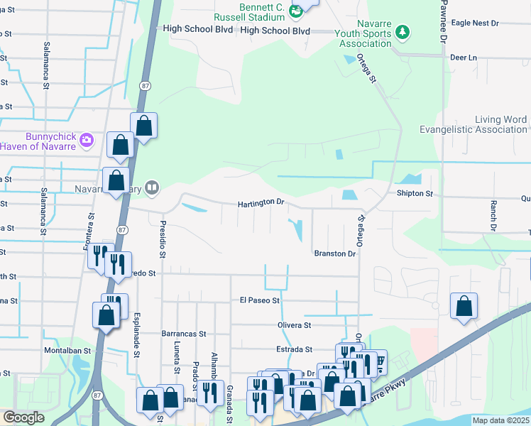 map of restaurants, bars, coffee shops, grocery stores, and more near 2166 Chatsworth Drive in Navarre