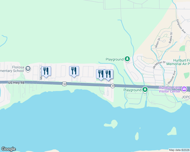 map of restaurants, bars, coffee shops, grocery stores, and more near 522 Rush Park Circle in Mary Esther