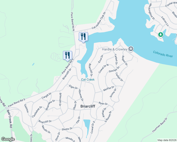 map of restaurants, bars, coffee shops, grocery stores, and more near 22034 Briarcliff Drive in Spicewood