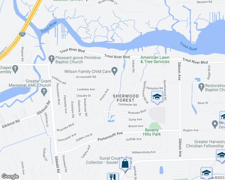 map of restaurants, bars, coffee shops, grocery stores, and more near 9706 Norfolk Boulevard in Jacksonville
