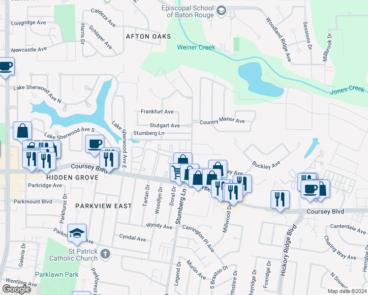 map of restaurants, bars, coffee shops, grocery stores, and more near 4344 Stumberg Lane in Baton Rouge