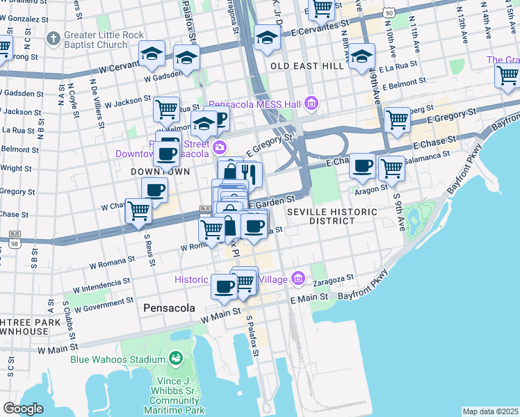 map of restaurants, bars, coffee shops, grocery stores, and more near 21 South Tarragona Street in Pensacola