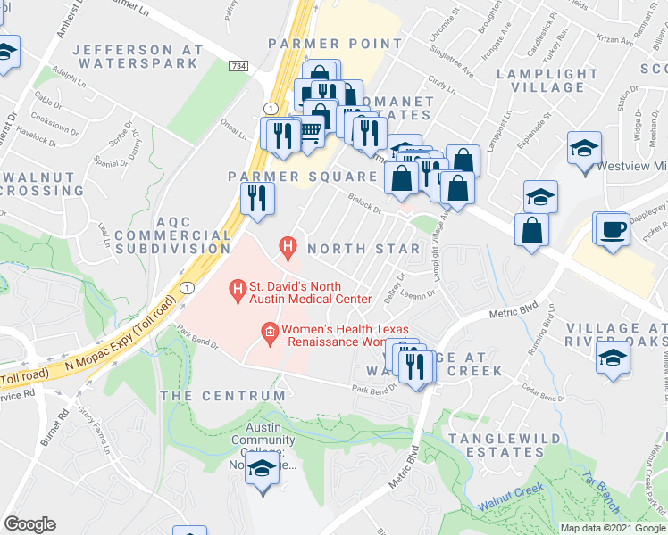 map of restaurants, bars, coffee shops, grocery stores, and more near Thornwild Pass & Emery Oaks Rd in Austin
