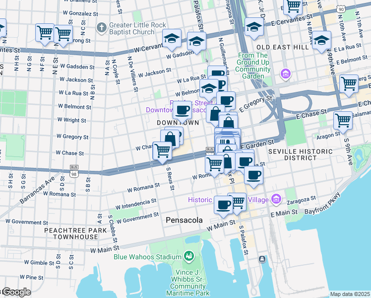 map of restaurants, bars, coffee shops, grocery stores, and more near 220 West Garden Street in Pensacola