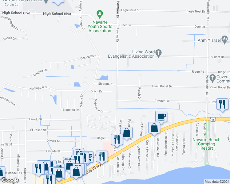 map of restaurants, bars, coffee shops, grocery stores, and more near 8362 Onich Drive in Navarre