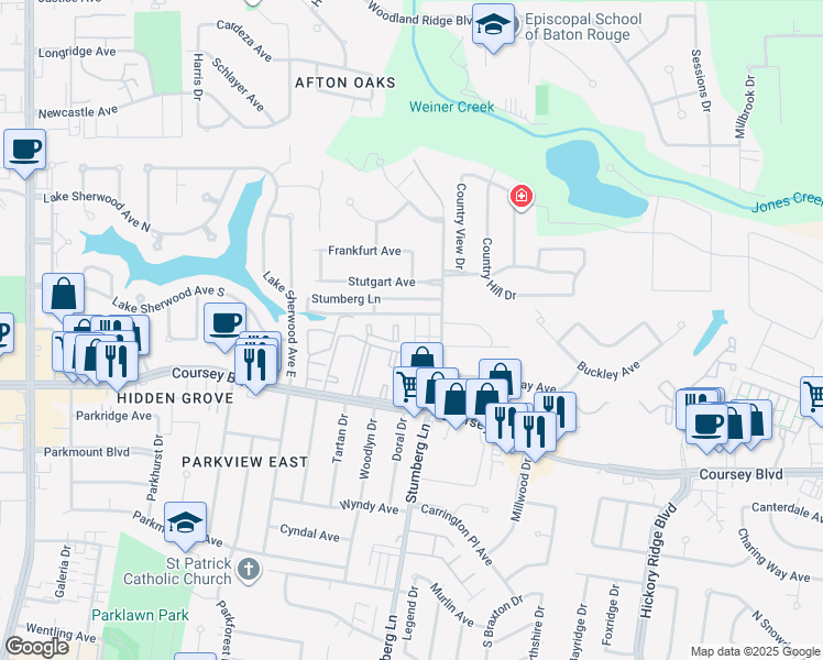 map of restaurants, bars, coffee shops, grocery stores, and more near 4442 Stumberg Lane in Baton Rouge