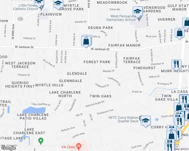 map of restaurants, bars, coffee shops, grocery stores, and more near 393 Clairmont Drive in Pensacola