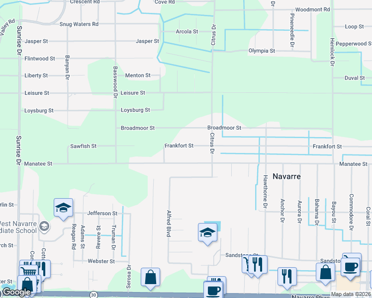 map of restaurants, bars, coffee shops, grocery stores, and more near 7232 Manatee Street in Navarre