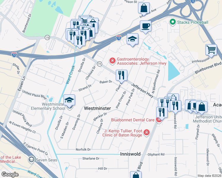 map of restaurants, bars, coffee shops, grocery stores, and more near 4056 Fleet Drive in Baton Rouge