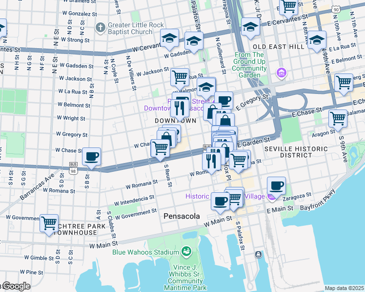 map of restaurants, bars, coffee shops, grocery stores, and more near 220 West Garden Street in Pensacola
