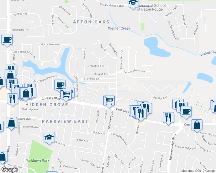 map of restaurants, bars, coffee shops, grocery stores, and more near 4390 Stumberg Lane in Baton Rouge