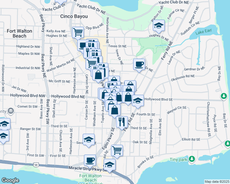 map of restaurants, bars, coffee shops, grocery stores, and more near 3 Eglin Parkway Northeast in Fort Walton Beach