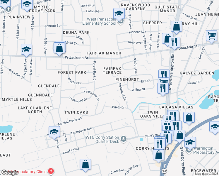 map of restaurants, bars, coffee shops, grocery stores, and more near 21 Redwood Circle in Pensacola
