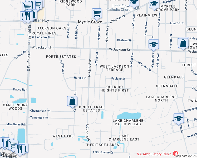 map of restaurants, bars, coffee shops, grocery stores, and more near 25 North 70th Avenue in Pensacola