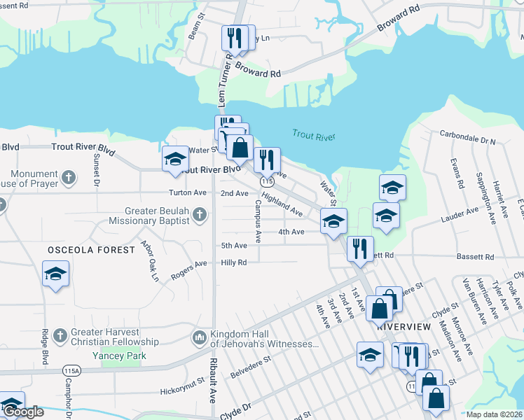 map of restaurants, bars, coffee shops, grocery stores, and more near 9553 Campus Avenue in Jacksonville