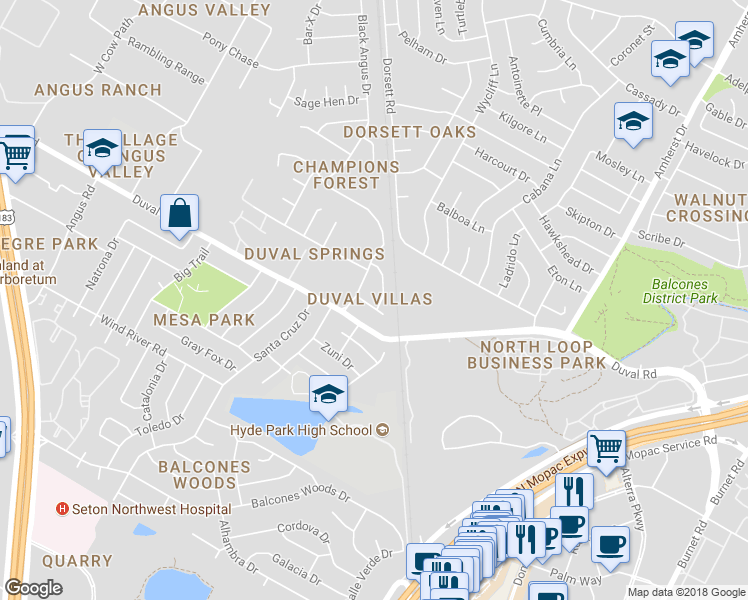 map of restaurants, bars, coffee shops, grocery stores, and more near 4302 Duval Road in Austin