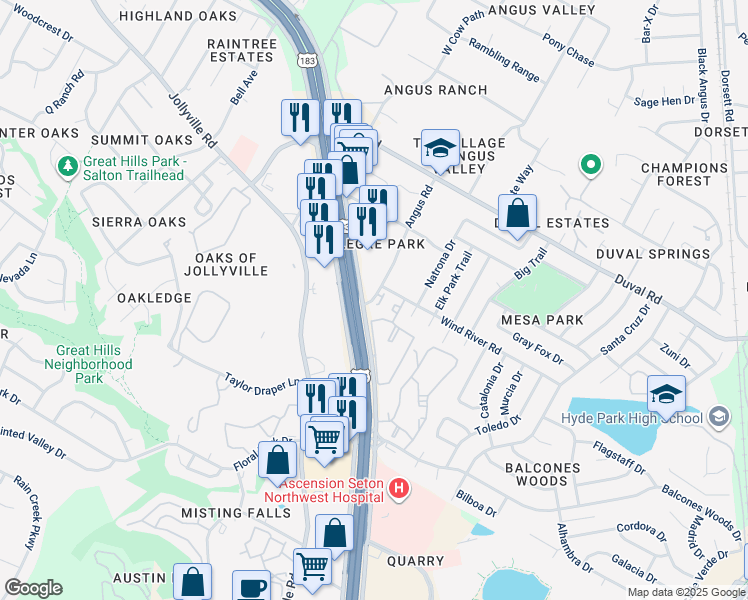 map of restaurants, bars, coffee shops, grocery stores, and more near 7 Angus Road in Austin