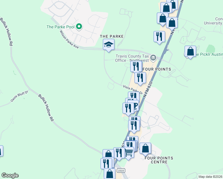 map of restaurants, bars, coffee shops, grocery stores, and more near 11712-11978 Vista Parke Drive in Austin
