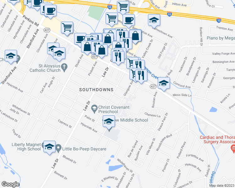 map of restaurants, bars, coffee shops, grocery stores, and more near 4725 Orchid Street in Baton Rouge