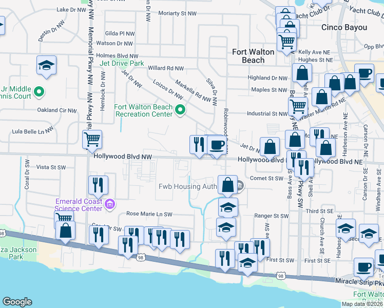 map of restaurants, bars, coffee shops, grocery stores, and more near 119 Hollywood Boulevard Northwest in Fort Walton Beach