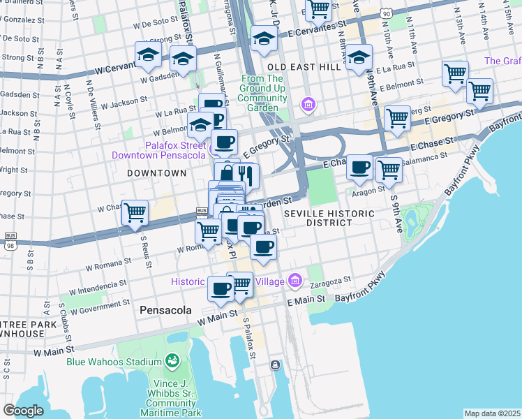 map of restaurants, bars, coffee shops, grocery stores, and more near 21 South Tarragona Street in Pensacola