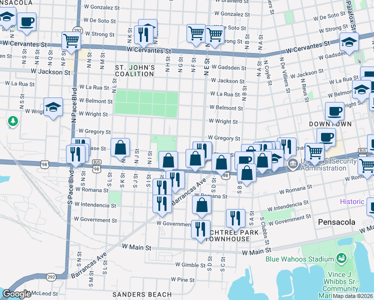 map of restaurants, bars, coffee shops, grocery stores, and more near 1300 West Chase Street in Pensacola