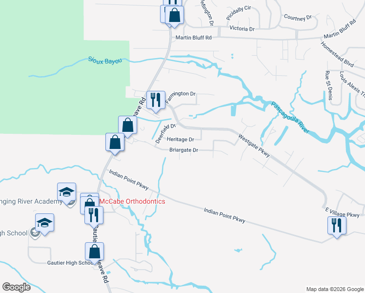 map of restaurants, bars, coffee shops, grocery stores, and more near 4901-4999 Meadowfield Dr in Gautier