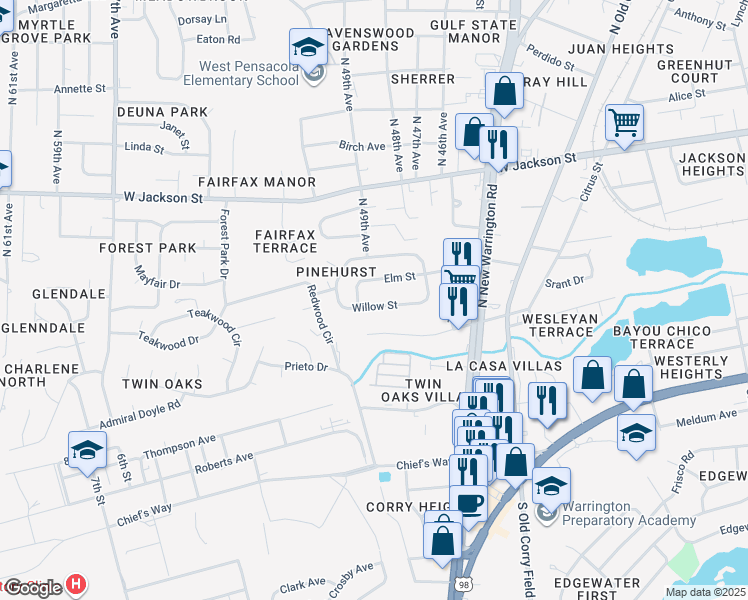 map of restaurants, bars, coffee shops, grocery stores, and more near 235 Willow Street in Pensacola