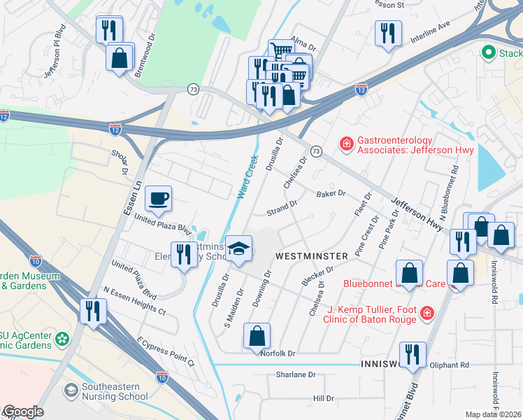 map of restaurants, bars, coffee shops, grocery stores, and more near 4145 Drusilla Drive in Baton Rouge