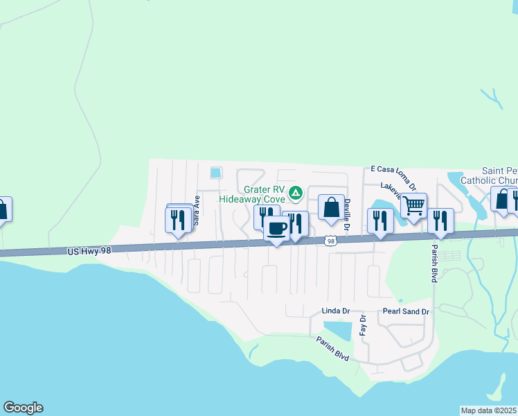 map of restaurants, bars, coffee shops, grocery stores, and more near 1013 Quail Hollow Drive in Mary Esther