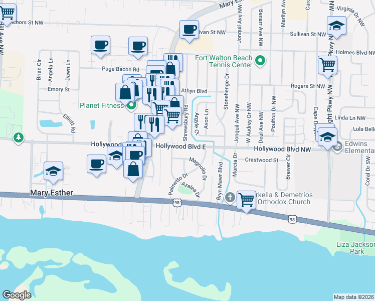 map of restaurants, bars, coffee shops, grocery stores, and more near 38 Magnolia Drive in Mary Esther
